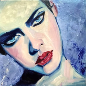 Oil painting on canvas Portrait of Women Young girl with Red lips Blue eyes Inspired by Malcolm T Liepke Contemporary wall Art Decor image 1