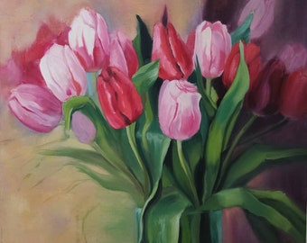 Oil painting on canvas Flower art Red and pink tulips in a vase Contemporary art Wall decor in red green orange