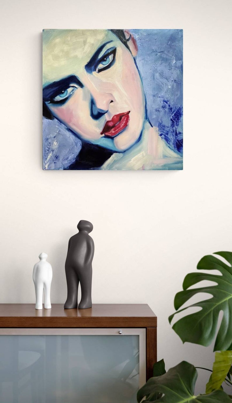 Oil painting on canvas Portrait of Women Young girl with Red lips Blue eyes Inspired by Malcolm T Liepke Contemporary wall Art Decor image 2