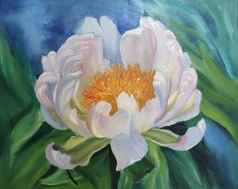 Oil painting on canvas Beautiful white Peony flower Contemporary art Wall decor in white blue green