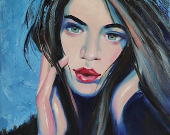 Oil painting on canvas Portrait of Woman Young Girl with Black hair Red lips Green eyes Inspired by Malcolm T Liepke Contemporary wall art