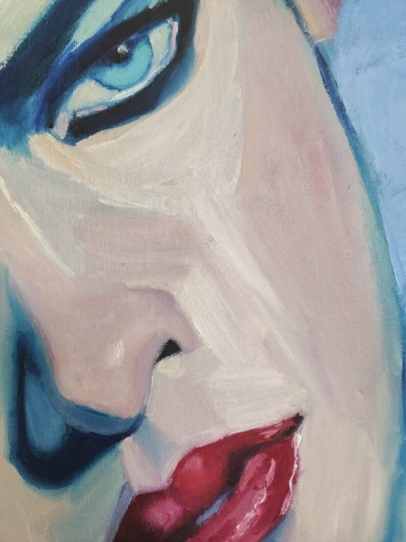 Oil painting on canvas Portrait of Women Young girl with Red lips Blue eyes Inspired by Malcolm T Liepke Contemporary wall Art Decor image 5