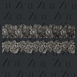 May include: Two decorative floral border designs. The top border features sunflowers and foliage, while the bottom border showcases a repeating pattern of roses. Both borders are in a grayscale color palette, with intricate details.