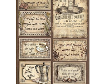 Stamperia A4 Decoupage Rice Paper - Coffee and Chocolate Labels, DFSA4826