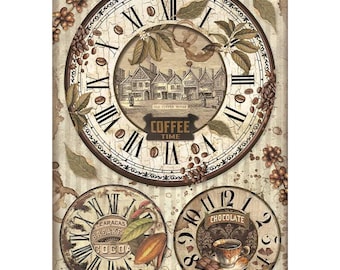 Stamperia A4 Decoupage Rice Paper - Coffee and Chocolate Clocks DFSA4823