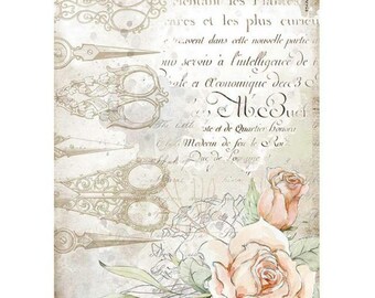 Stamperia A4 Decoupage Rice Paper-Romantic Threads Scissors and Roses, DFSA4565