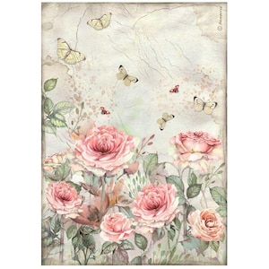 Papier ryżowy do decoupage'u Stamperia A4 - House of Roses Róże i motyl, DFSA41019
