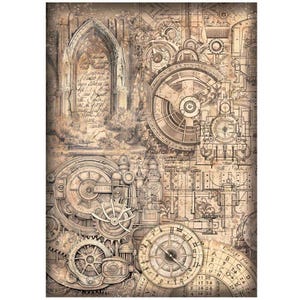 Peut inclure: Illustration de style steampunk en sépia avec des engrenages d'horlogerie complexes, des cadrans d'horloge et des éléments architecturaux. Le design comprend une arche gothique, des écritures manuscrites et un train.