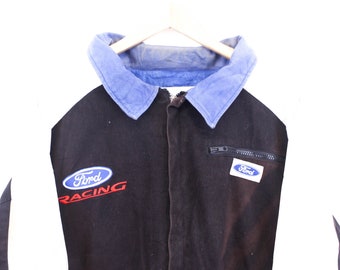 Vintage Embroidered Black Racing-Style Bomber Jacket - L