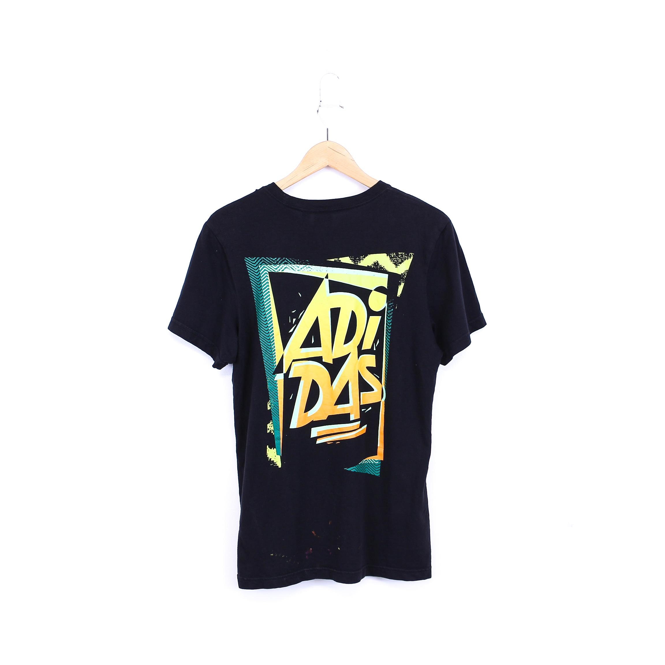 Vintage Adidas Tshirt Black With Neon Chest Logo Print And Etsy