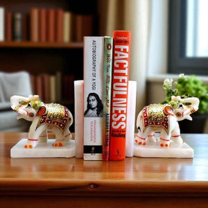 Marble Elephant Bookends – Set of 2 | Handcarved Stone Book Ends | Trunk Up Elephant Decor | Carved Stone Animal | Elegant Shelf Accent Gift