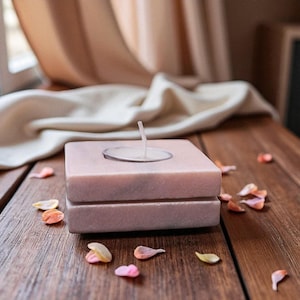 Square Pink Marble Tea Light Candle Holder – Handcrafted Stone Candle Holder for Modern Home Decor, Living Room Accent, Bedroom Ambiance