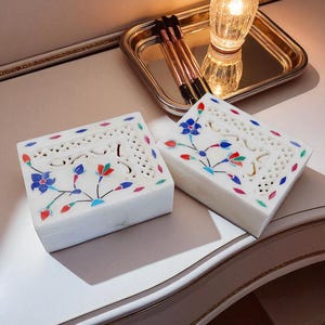 4X3 Luxury Marble Jewellery Box with Inlay | Hand-Carved Stone Keepsake Box | Jewelry Storage Organizer | Gift for Her | Bedroom Decor
