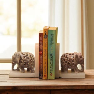 Chang Elephant Bookends Set of 2 – Handcrafted Marble Book Ends – Animal Decor – Safari Nursery Gift – Kids Room or Office Accent Meditation