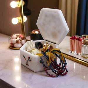 4X4 Hexagon Marble Inlay Jewelry Box | Handmade Stone Trinket Box | Semi-Precious Gemstone Keepsake | Decorative Marble Gift Box