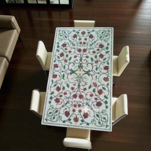 White Marble Dining Table Top: Gemstone Floral Inlay, Marquetry Art (36&quot;x24&quot;)