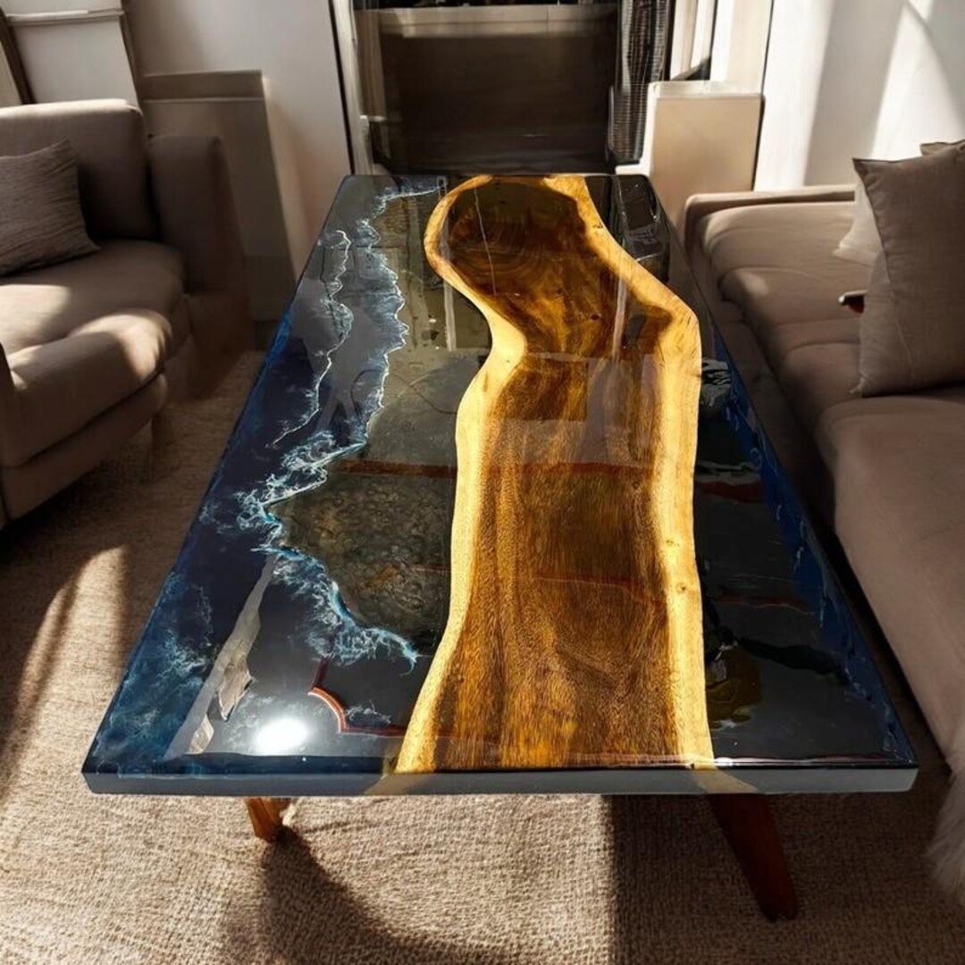 Ocean Wave Epoxy Resin Dining Table, Live Edge Wood River Table ...