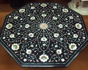 Black Marble Inlay Coffee, End Table Top Handmade Mother Of Pearl Inlaid Living Room Furniture