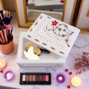 4X3 Handcrafted white marble jewelry box with floral inlay of semi-precious stones, perfect for storing rings, earrings, or keepsakes