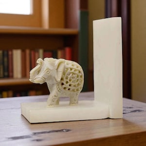 Trunk Up Elephant Bookends | White Marble Animal Decor | Lucky Elephant Statue | Stone Book Ends | Home Office Shelf Decor For Book Lovers