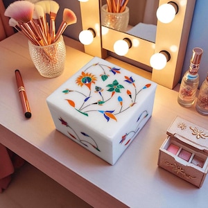 Marble Inlay Jewelry Box | White Marble Trinket Box with Semi-Precious Stone Floral Inlay | Indian Pietra Dura Keepsake Box