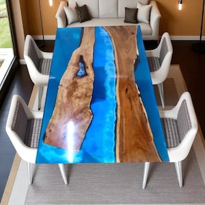 Handcrafted Epoxy Resin Dining Table: Live Edge Wood & Black River