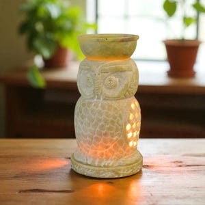 Può includere: Un scaldatore per olio a forma di gufo scolpito in una tonalità verde chiaro. Il gufo presenta intagli dettagliati di piume e occhi, con una piccola ciotola sulla parte superiore. Il corpo presenta sezioni ritagliate che emettono un bagliore caldo quando illuminato.