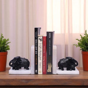 Slon Marble Bookends | Handcarved Elephant Stone Decor | Elegant Marble Book Ends | Unique Animal Shelf Accent | Gift for Elephant Lovers