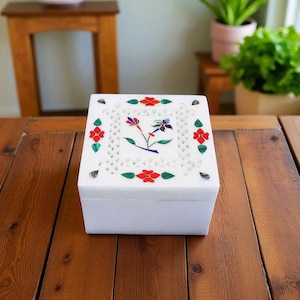 Floral Inlay White Marble Jewelry Box – 4x4” Handmade Makrana Stone Keepsake Box for Rings, Earrings, Trinkets & Gift – Pietra Dura Art