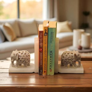 Babar Elephant Marble Bookends Set of 2 – Handcrafted Stone Book Ends – Animal Decor – Kids Room Gift – Safari Nursery Bookends  Gift