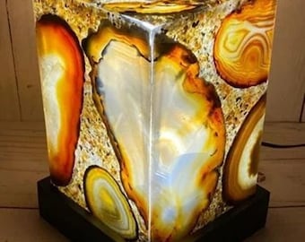 Gele agaat nachtlamp I natuursteen kristallen lamp I Handgemaakte tafellamp agaatschijf I Warme gloed nachtkastje I Luxe woondecoratie cadeau