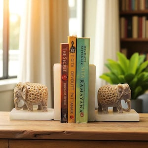 Handcarved Soapstone Elephant Bookends: Boho Safari Decor