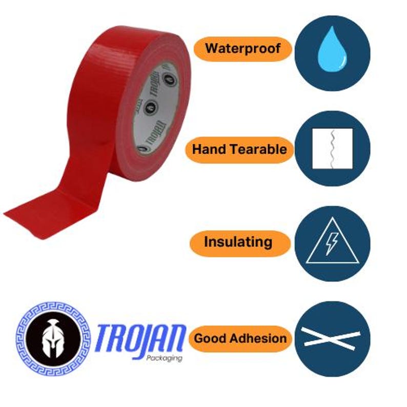 Op de afbeelding: Een rol rode ducttape met een witte kern voorzien van het label Trojan. De afbeelding bevat vier iconen met tekstlabels: Waterproof met een waterdruppel, Hand Tearable met een grillige lijn, Insulating met een bliksemschicht en Good Adhesion.