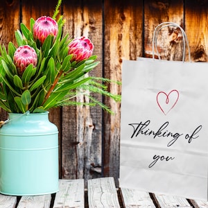 Thinking of You Party Gift Bag Acc/Small/Med/Lrg Kraft Eco Friendly Sacchetto di carta marrone. Compleanno, San Valentino, Mi manchi, Simpatia, Invio di un abbraccio