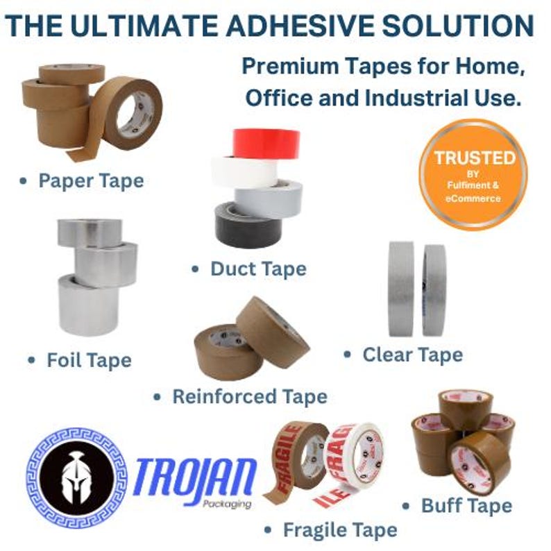 Op de afbeelding: Een collectie plakbanden waaronder bruine papieren tape, meerkleurige ducttape, zilveren folietape, transparante tape, versterkte tape, buff tape en breekbare tape met rode tekst. De afbeelding bevat het logo en de tekst van Trojan Packaging.