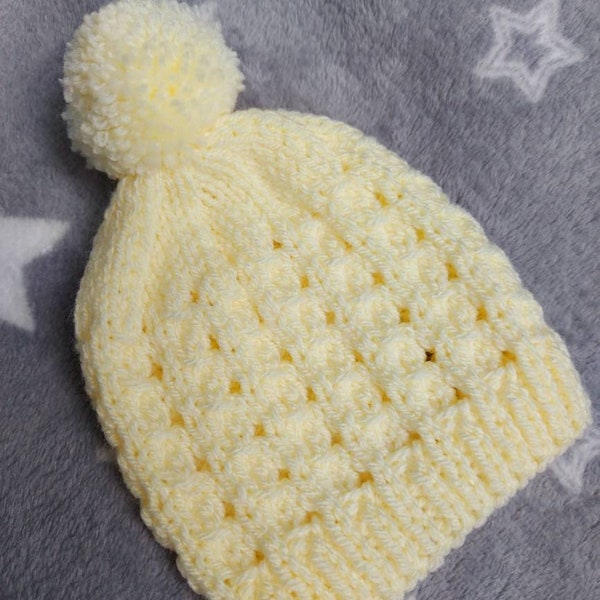 Handmade Baby Pom Pom Hat | Newborn Baby Shower Gift | Bobble Hat | Baby Winter Hat | Knitted Hat | 0-3 months | Yellow Lace