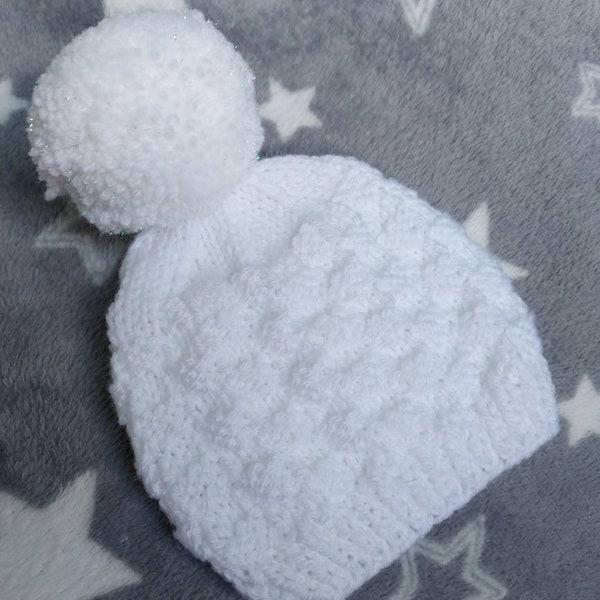 Hand-knitted Baby Pompom Hat 0-3 months White Waffle