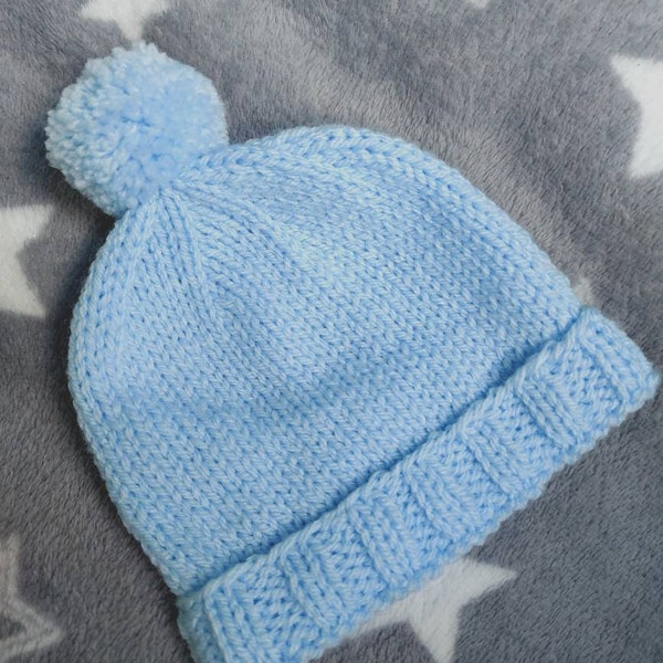 Handmade Baby Pom Pom Hat | Newborn Baby Shower Gift | Bobble Hat | Baby Winter Hat | Knitted Hat | 0-3 months | Blue Plain