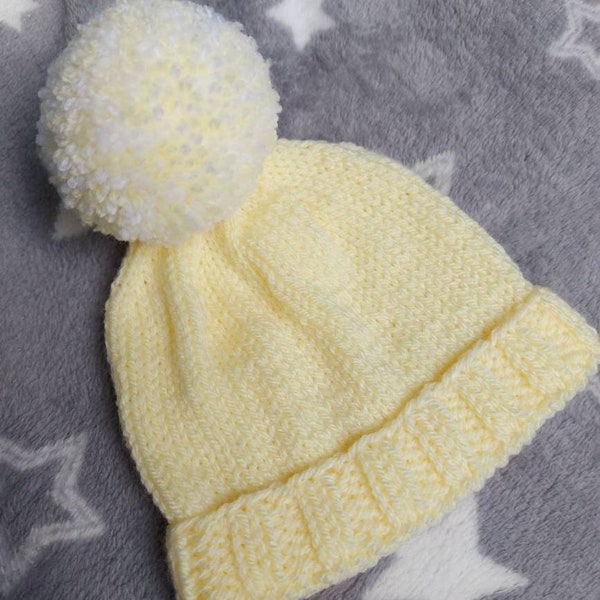Handmade Baby Pom Pom Hat | Newborn Baby Shower Gift | Bobble Hat | Baby Winter Hat | Knitted Hat | 0-3 months | Yellow Plain