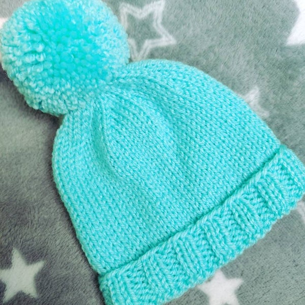 Handmade Baby Pom Pom Hat | Newborn Baby Shower Gift | Bobble Hat | Baby Winter Hat | Knitted Hat | 0-3 months | Aqua Plain