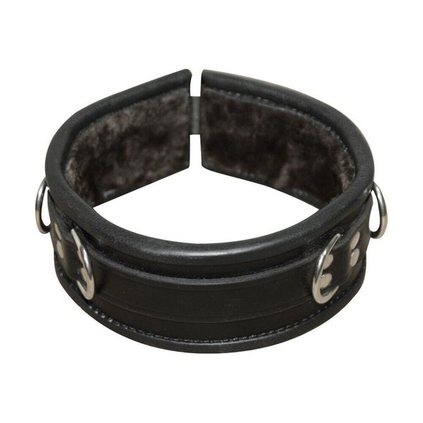 Real Cowhide Neck Collar Black Bdsm Restraint Bondage Neck Cuff Soft Fur Padding Unisex Collar For Fetish Play , Party Collar