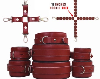 Real Cow Leather Wrist, Ankle, Thigh Cuffs & Collar Restraint Bondage Set 7 Pieces With 4 Way hogtie and Long 17 Inches Hogtie For Couples