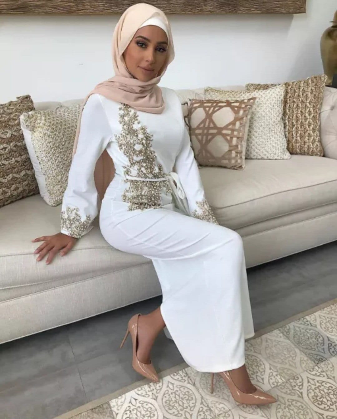 White Abaya with Gold embroidery Dubai occasion Islamic dress Etsy