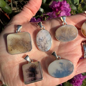 May include: A collection of silver pendants with dendritic agate stones. The pendants have various shapes, including square and oval, and feature unique, tree-like patterns in shades of brown, black, and white. The pendants are displayed against a background of green foliage and purple flowers.