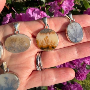 May include: Silver pendants with dendritic patterns. The pendants have oval and round shapes, showcasing natural, tree-like inclusions in shades of beige, brown, and gray. The pendants are displayed against a backdrop of vibrant pink flowers.