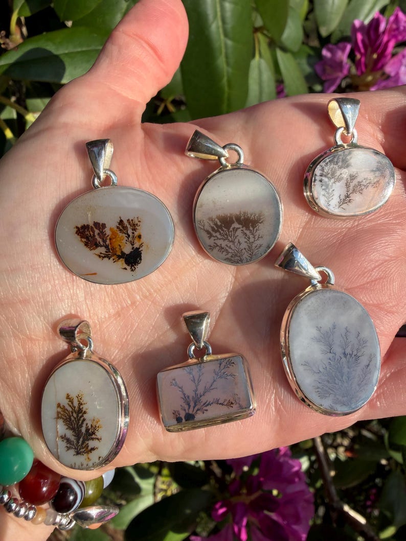 May include: A collection of six silver pendants with dendritic agate stones. The pendants have various shapes, including oval and rectangular, and feature unique, tree-like patterns in shades of brown, black, and gray against a white background.