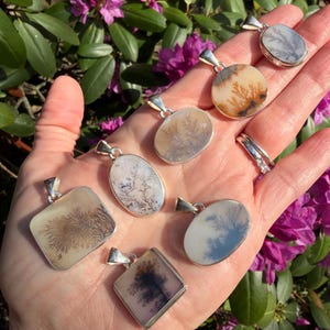 May include: A collection of silver pendants with dendritic agate stones. The pendants have various shapes, including oval, round, and square. The stones display unique, tree-like patterns in shades of brown, black, and white. The pendants are displayed on an open hand.