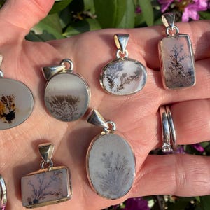 May include: A collection of silver pendants with dendritic agate stones. The pendants have various shapes, including oval and rectangular, and feature unique, tree-like patterns in shades of gray and brown. The pendants are displayed against a natural background.