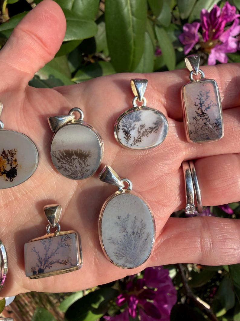 May include: A collection of silver pendants with dendritic agate stones. The pendants have various shapes, including oval and rectangular, and feature unique, tree-like patterns in shades of gray and brown. The pendants are displayed against a natural background.