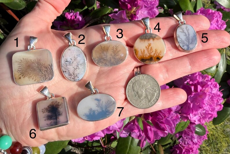 May include: A hand displays seven silver pendants with unique dendritic agate stones. The pendants vary in shape, showcasing natural patterns in shades of brown, white, and gray. A quarter is also included for size comparison. The background features vibrant pink flowers.